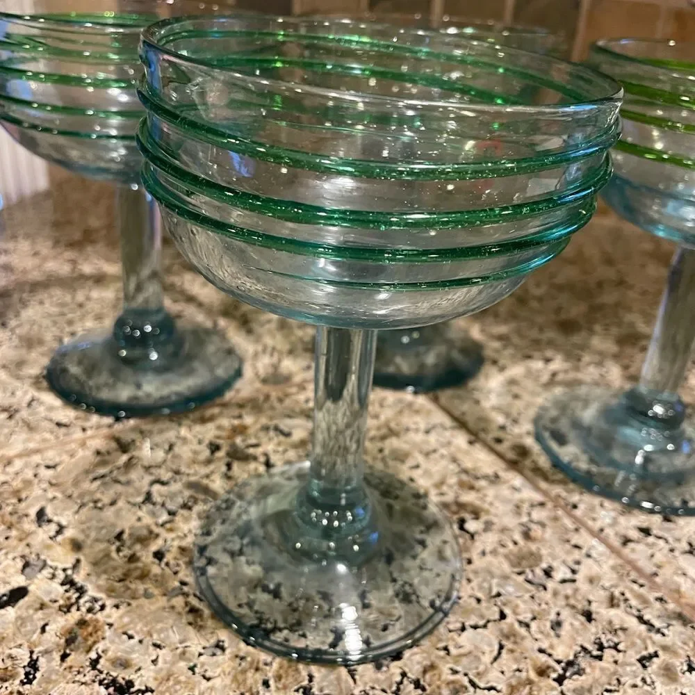 4 Hand Blown Green Glass Margarita Glasses Made in Mexico